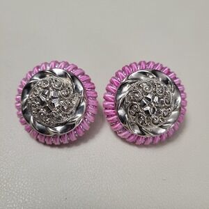 Vintage TWO SISTERS Signed Pink Fabric Silver Tone Round 1.25" Clip-On Earrings